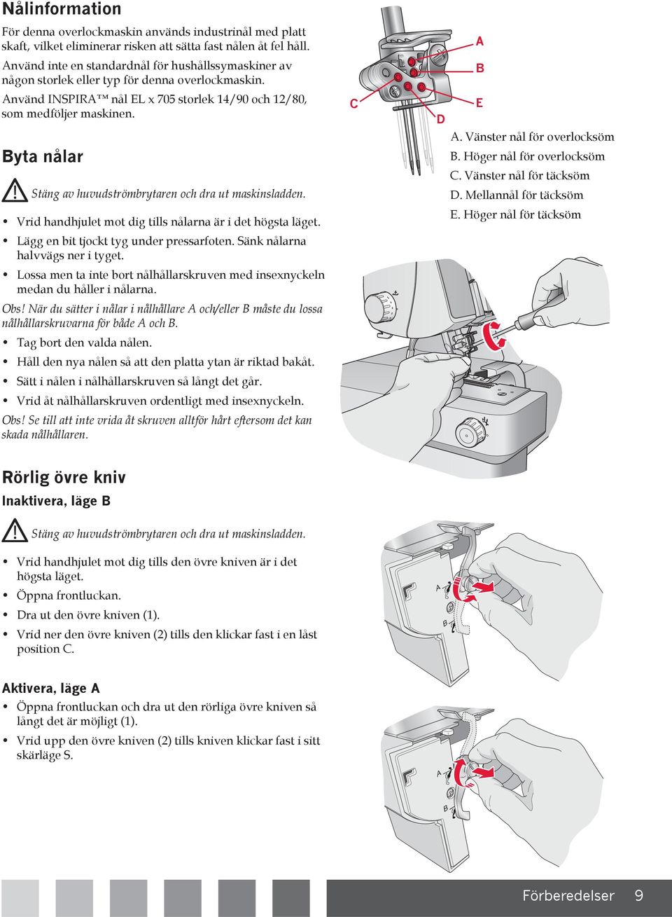 Vänster nål för overlocksöm Byta nålar B. Höger nål för overlocksöm C. Vänster nål för täcksöm Stäng av huvudströmbrytaren och dra ut maskinsladden. D.