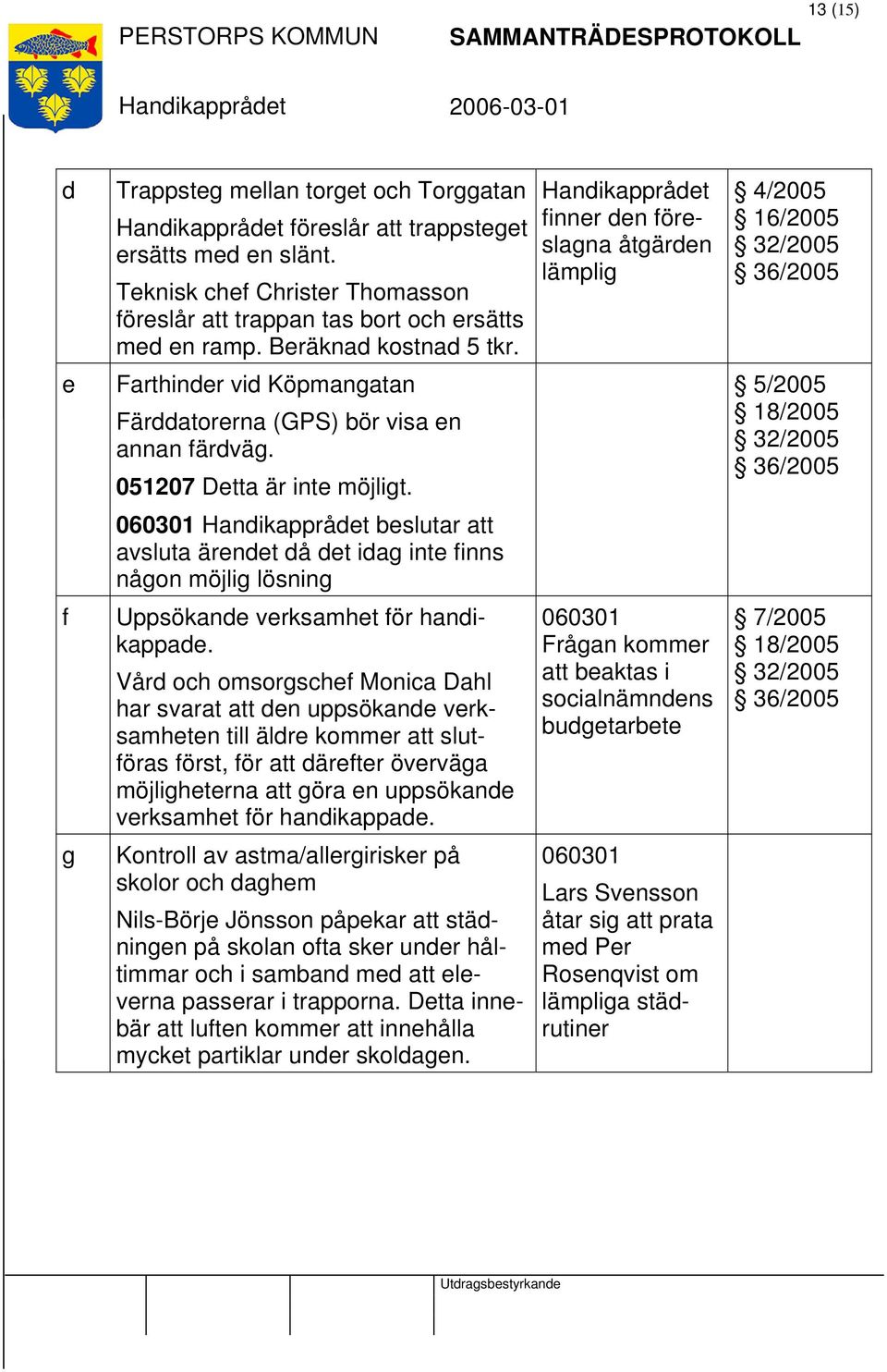 5/2005 18/2005 060301 beslutar att avsluta ärendet då det idag inte finns någon möjlig lösning f Uppsökande verksamhet för handikappade.