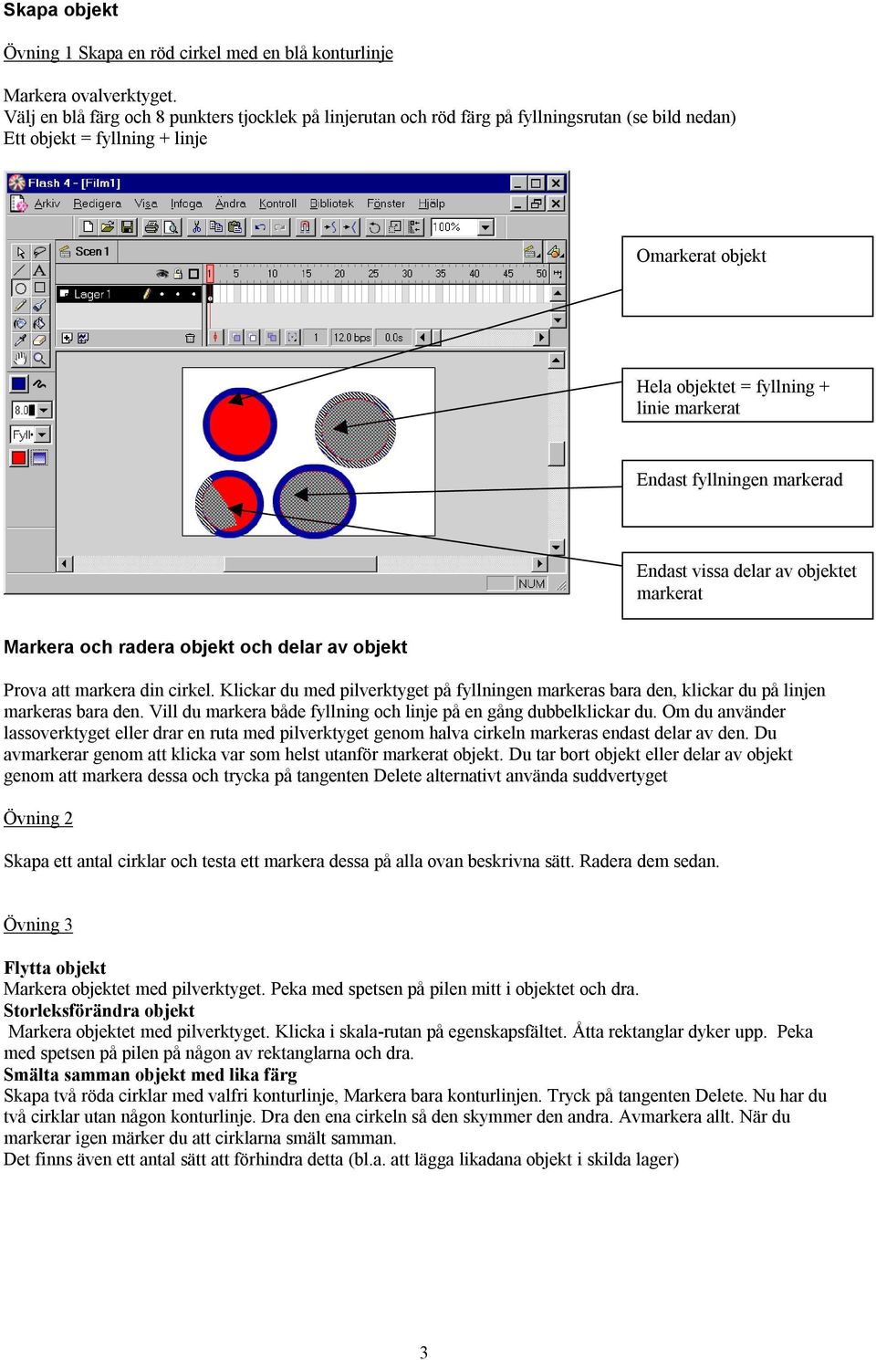 fyllningen markerad Endast vissa delar av objektet markerat Markera och radera objekt och delar av objekt Prova att markera din cirkel.