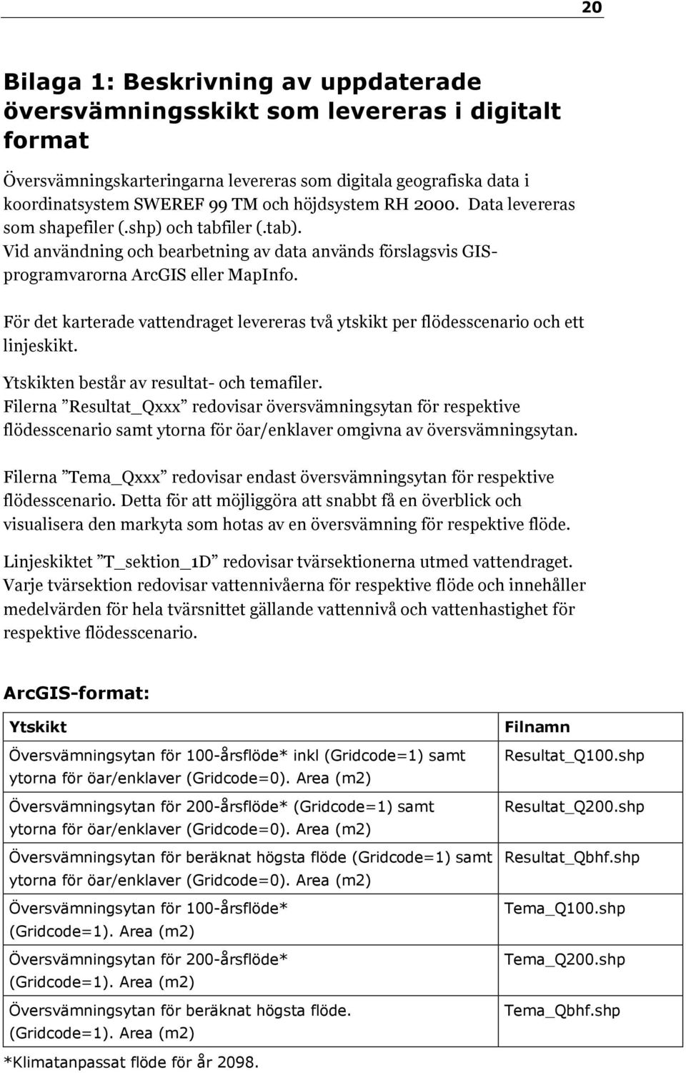 För det karterade vattendraget levereras två ytskikt per flödesscenario och ett linjeskikt. Ytskikten består av resultat- och temafiler.