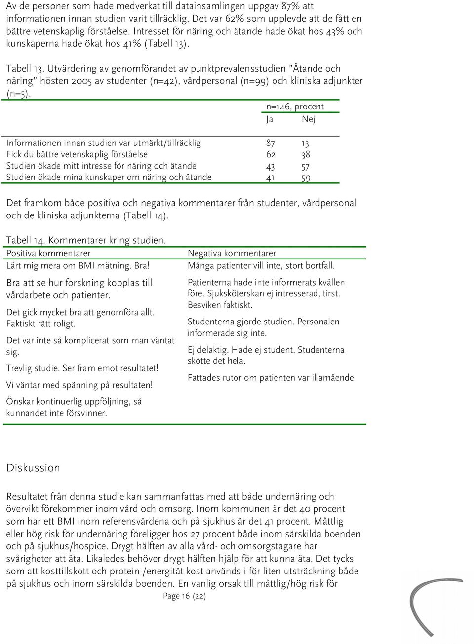 Utvärdering av genomförandet av punktprevalensstudien Ätande och näring hösten 2005 av studenter (n=42), vårdpersonal (n=99) och kliniska adjunkter (n=5).