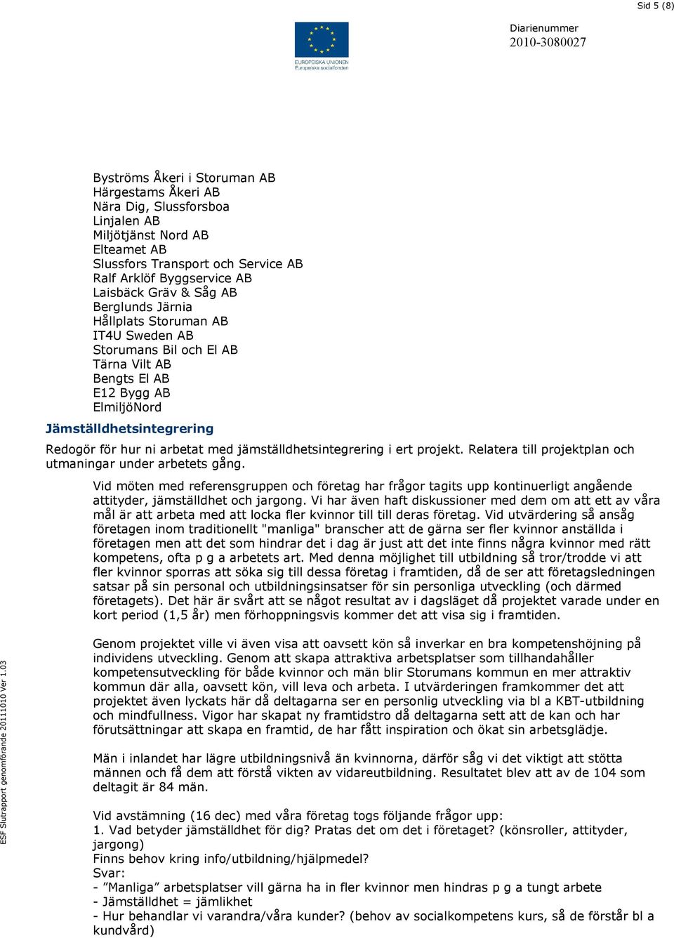 jämställdhetsintegrering i ert projekt. Relatera till projektplan och utmaningar under arbetets gång.