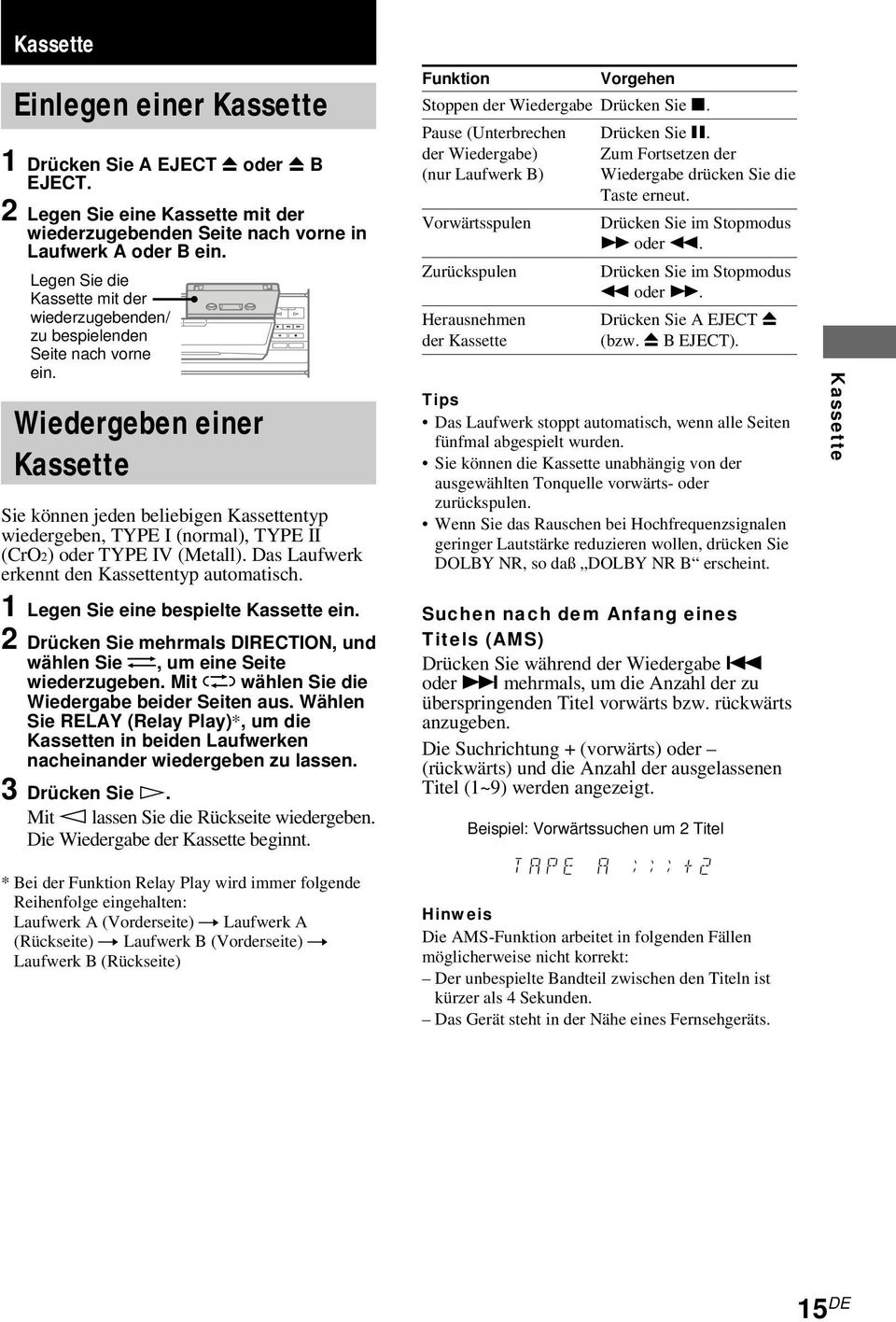 Wiedergeben einer Kassette Sie können jeden beliebigen Kassettentyp wiedergeben, TYPE I (normal), TYPE II (CrO2) oder TYPE IV (Metall). Das Laufwerk erkennt den Kassettentyp automatisch.