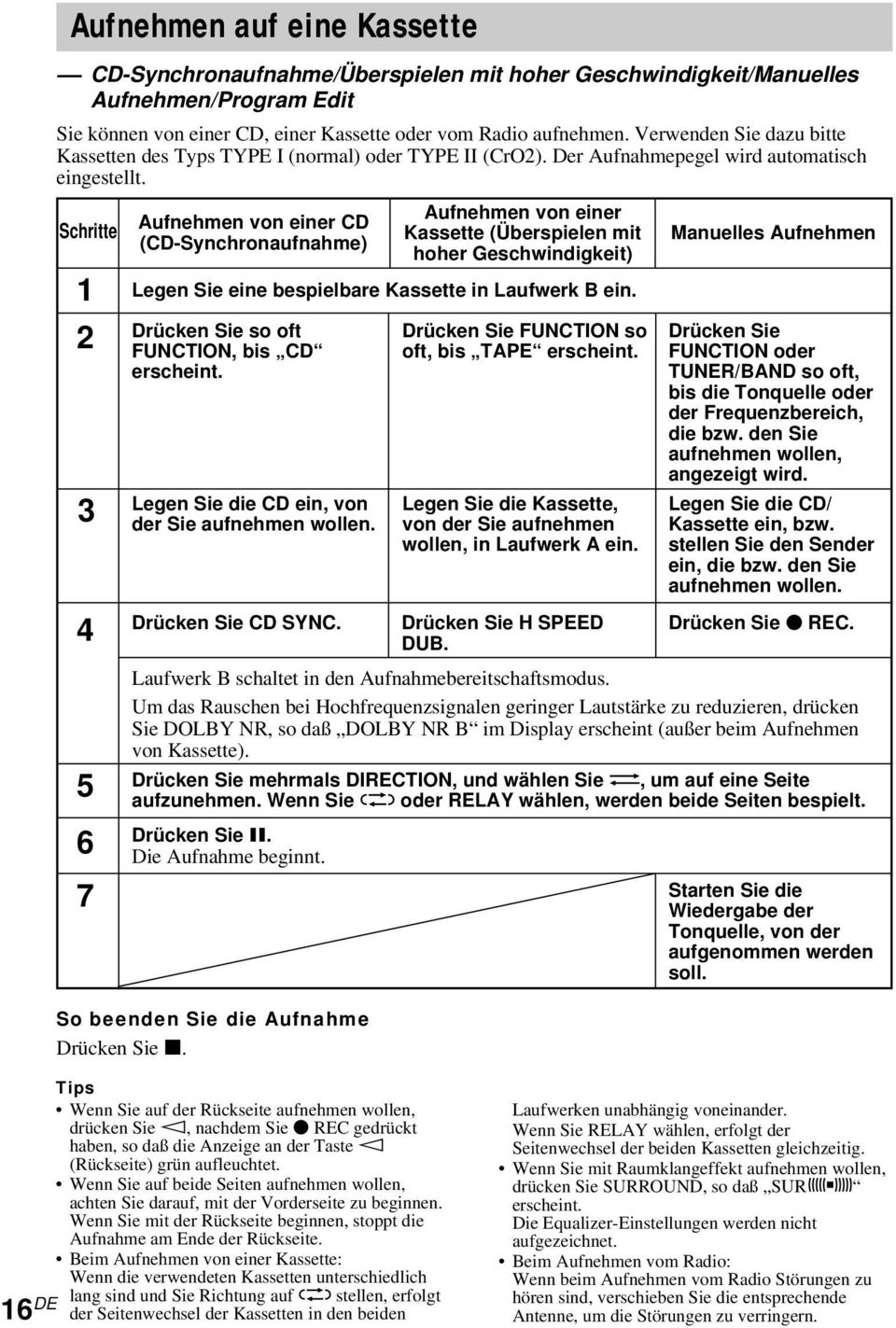 Schritte 1 2 3 4 5 6 7 Aufnehmen von einer CD (CD-Synchronaufnahme) Aufnehmen von einer Kassette (Überspielen mit hoher Geschwindigkeit) Legen Sie eine bespielbare Kassette in Laufwerk B ein.