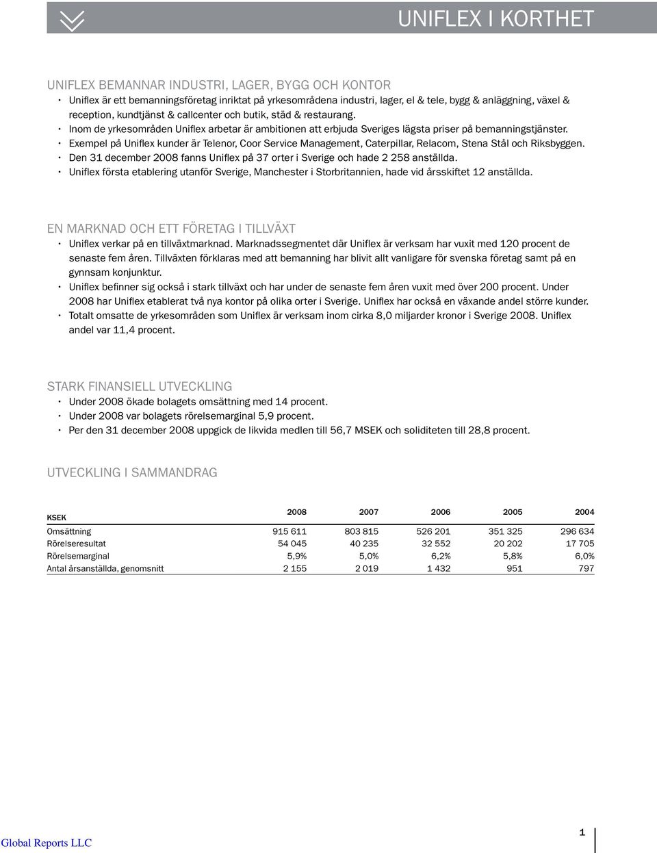 Exempel på Uniflex kunder är Telenor, Coor Service Management, Caterpillar, Relacom, Stena Stål och Riksbyggen. Den 31 december 2008 fanns Uniflex på 37 orter i Sverige och hade 2 258 anställda.