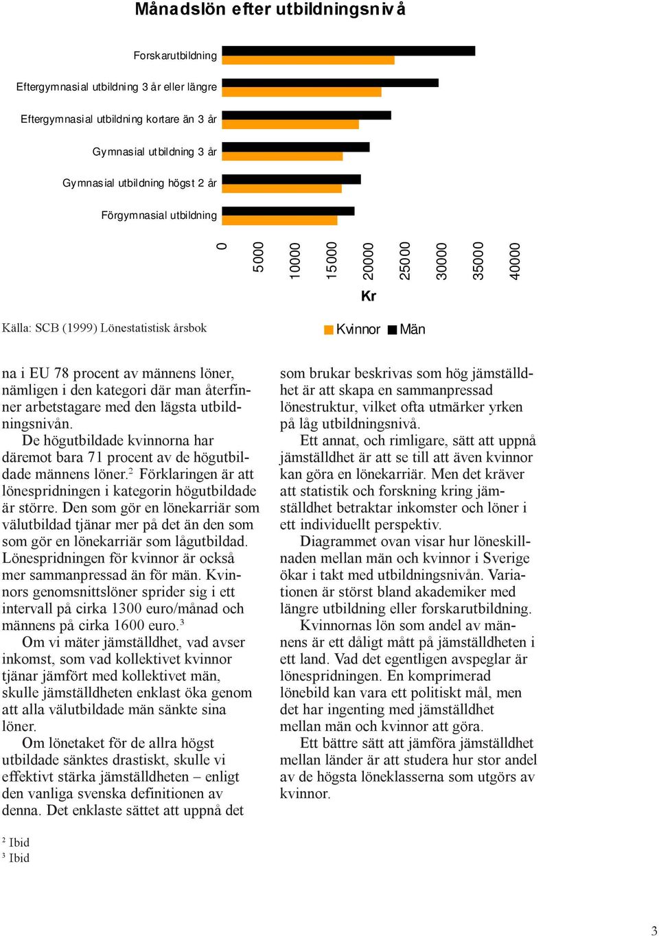 U Källa: SCB (1999) Lönestatistisk årsbok Kvinnor Män na i EU 78 procent av männens löner, nämligen i den kategori där man återfinner arbetstagare med den lägsta utbildningsnivån.