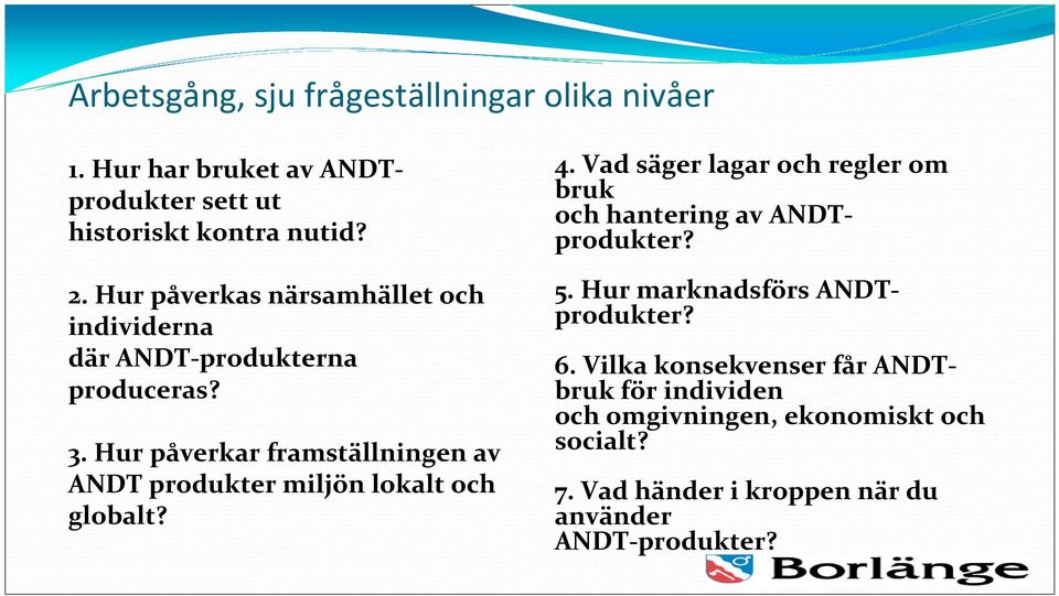 Hur påverkas närsamhället och individerna där ANDT-produkterna produceras? 5. Hur marknadsförs ANDTprodukter? 3.