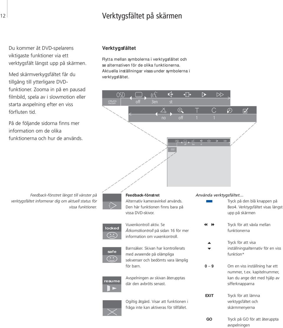 Verktygsfältet Flytta mellan symbolerna i verktygsfältet och se alternativen för de olika funktionerna. Aktuella inställningar visas under symbolerna i verktygsfältet.