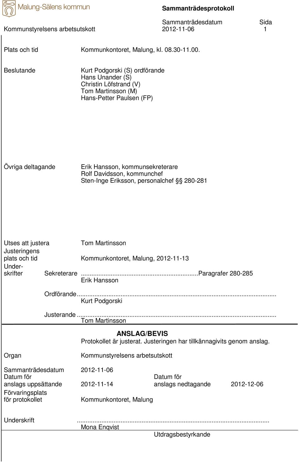 kommunchef Sten-Inge Eriksson, personalchef 280-281 Utses att justera Tom Martinsson Justeringens plats och tid Kommunkontoret, Malung, 2012-11-13 Underskrifter Sekreterare.