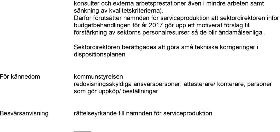 förstärkning av sektorns personalresurser så de blir ändamålsenliga.