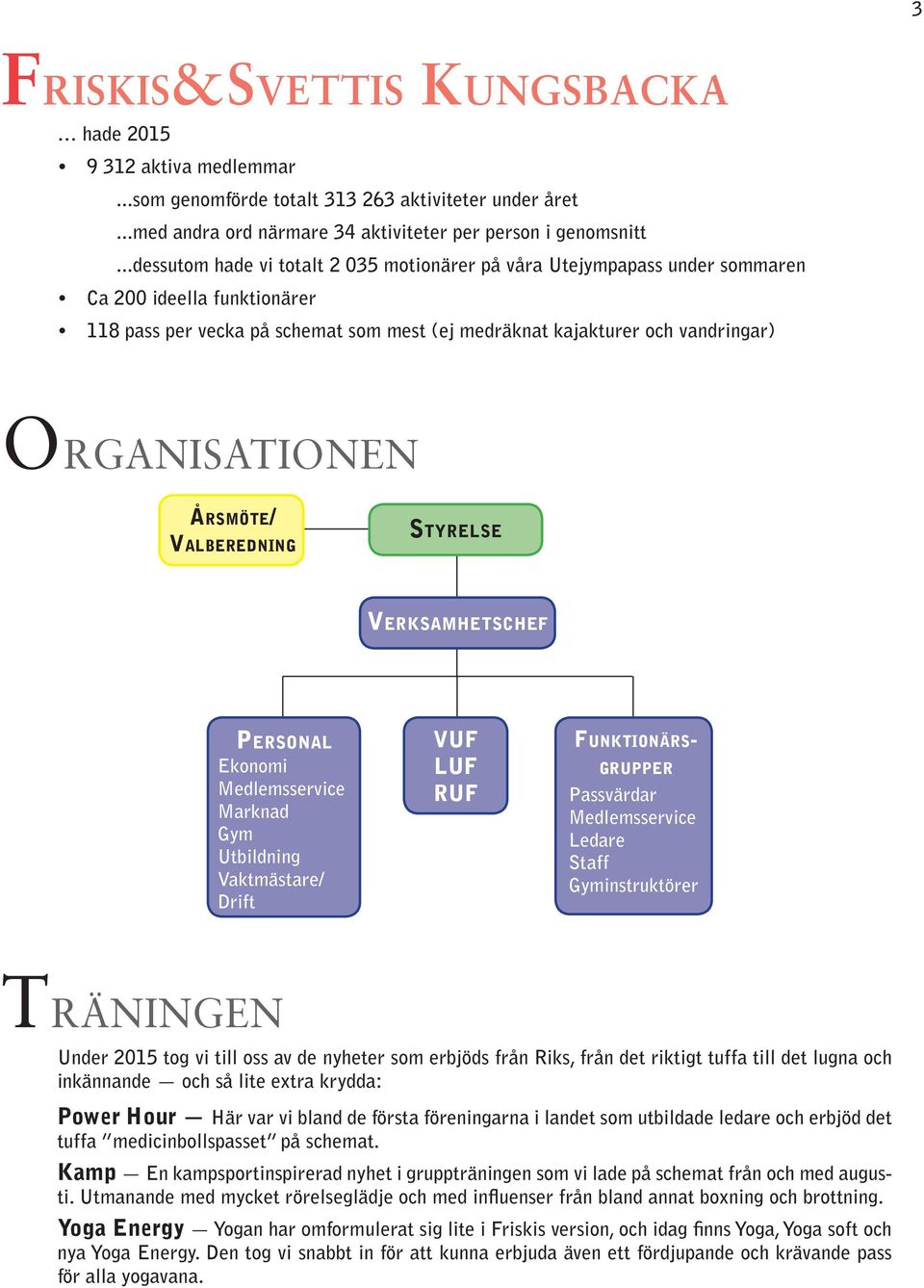 Organisationen Årsmöte/ Valberedning Styrelse Verksamhetschef Personal Ekonomi Medlemsservice Marknad Gym Utbildning Vaktmästare/ Drift VUF LUF RUF Funktionärsgrupper Passvärdar Medlemsservice Ledare