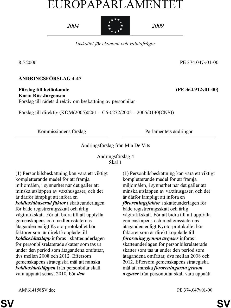 912v01-00) Förslag till direktiv (KOM(2005)0261 C6-0272/2005 2005/0130(CNS)) Kommissionens förslag Parlamentets ändringar Ändringsförslag från Mia De Vits Ändringsförslag 4 Skäl 1 (1)