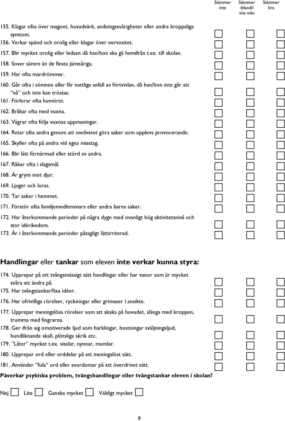 Går ofta i sömnen eller får nattliga anfall av förtvivlan, då han/hon går att nå och kan tröstas. 161. Förlorar ofta humöret. 162. Bråkar ofta med vuxna. 163. Vägrar ofta följa vuxnas uppmaningar.