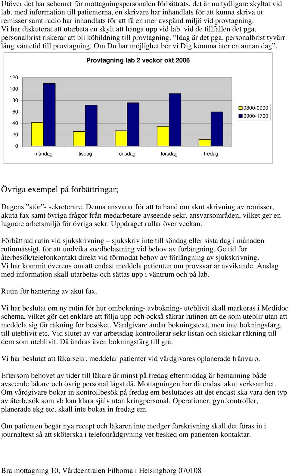 Vi har diskuterat att utarbeta en skylt att hänga upp vid lab. vid de tillfällen det pga. personalbrist riskerar att bli köbildning till provtagning. Idag är det pga.