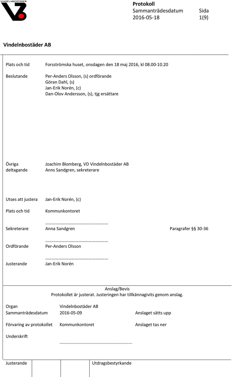 VD Anns Sandgren, sekreterare Utses att justera Plats och tid Jan-Erik Norén, (c) Kommunkontoret Sekreterare Anna Sandgren Paragrafer 30-36 Ordförande