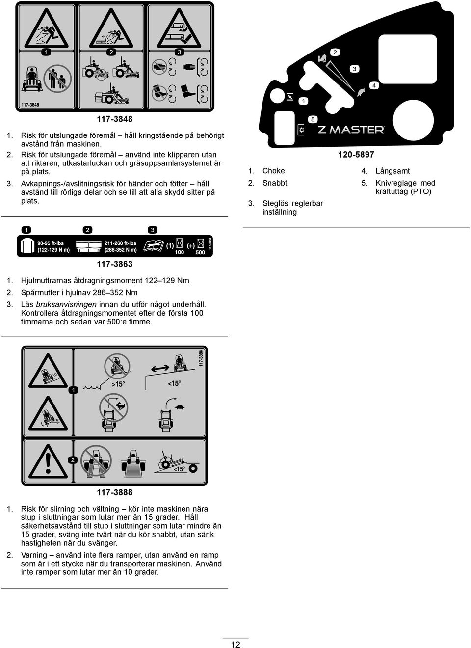 Avkapnings-/avslitningsrisk för händer och fötter håll avstånd till rörliga delar och se till att alla skydd sitter på plats. 120-5897 1. Choke 4. Långsamt 2. Snabbt 5.