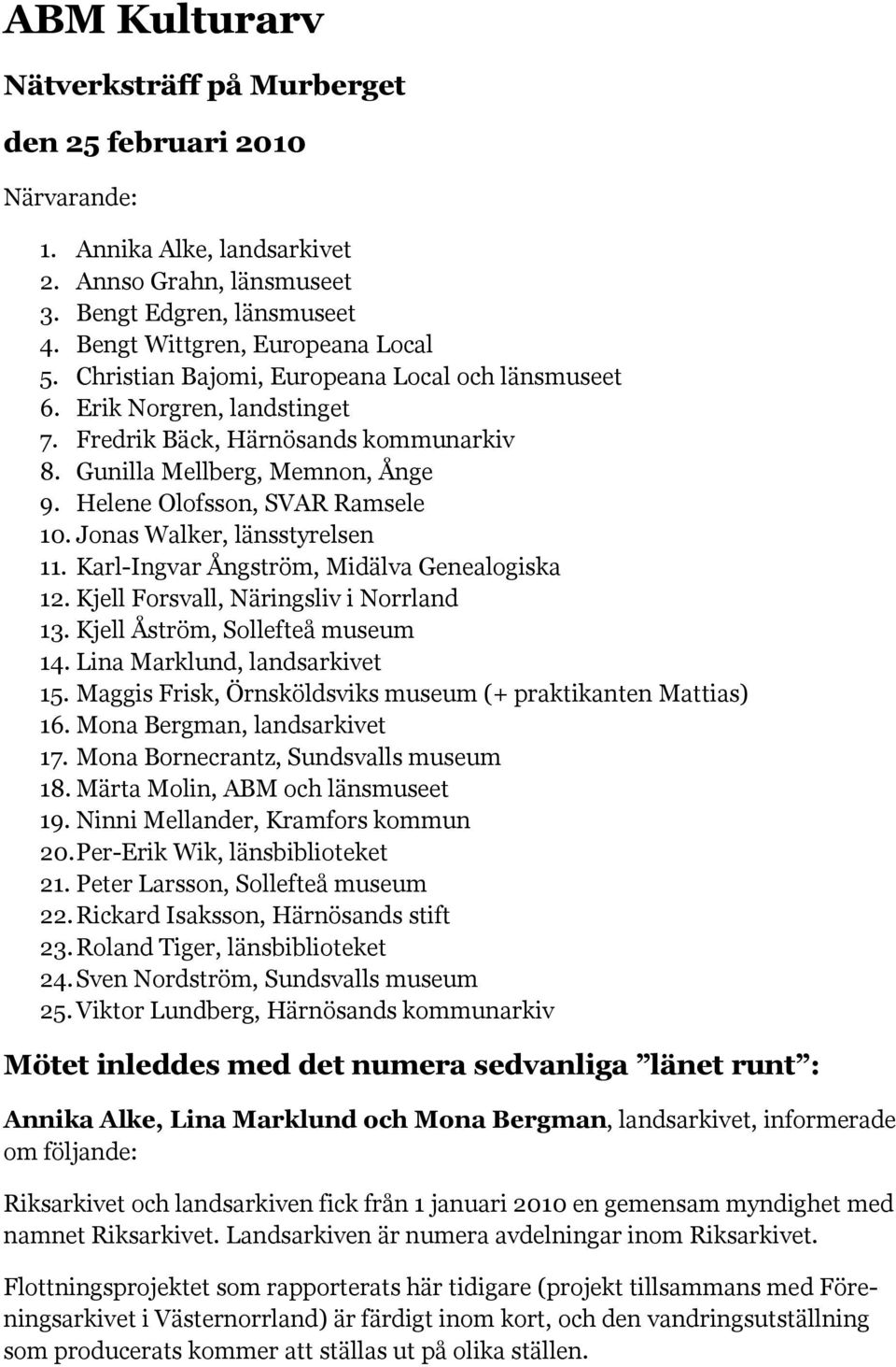 Jonas Walker, länsstyrelsen 11. Karl-Ingvar Ångström, Midälva Genealogiska 12. Kjell Forsvall, Näringsliv i Norrland 13. Kjell Åström, Sollefteå museum 14. Lina Marklund, landsarkivet 15.