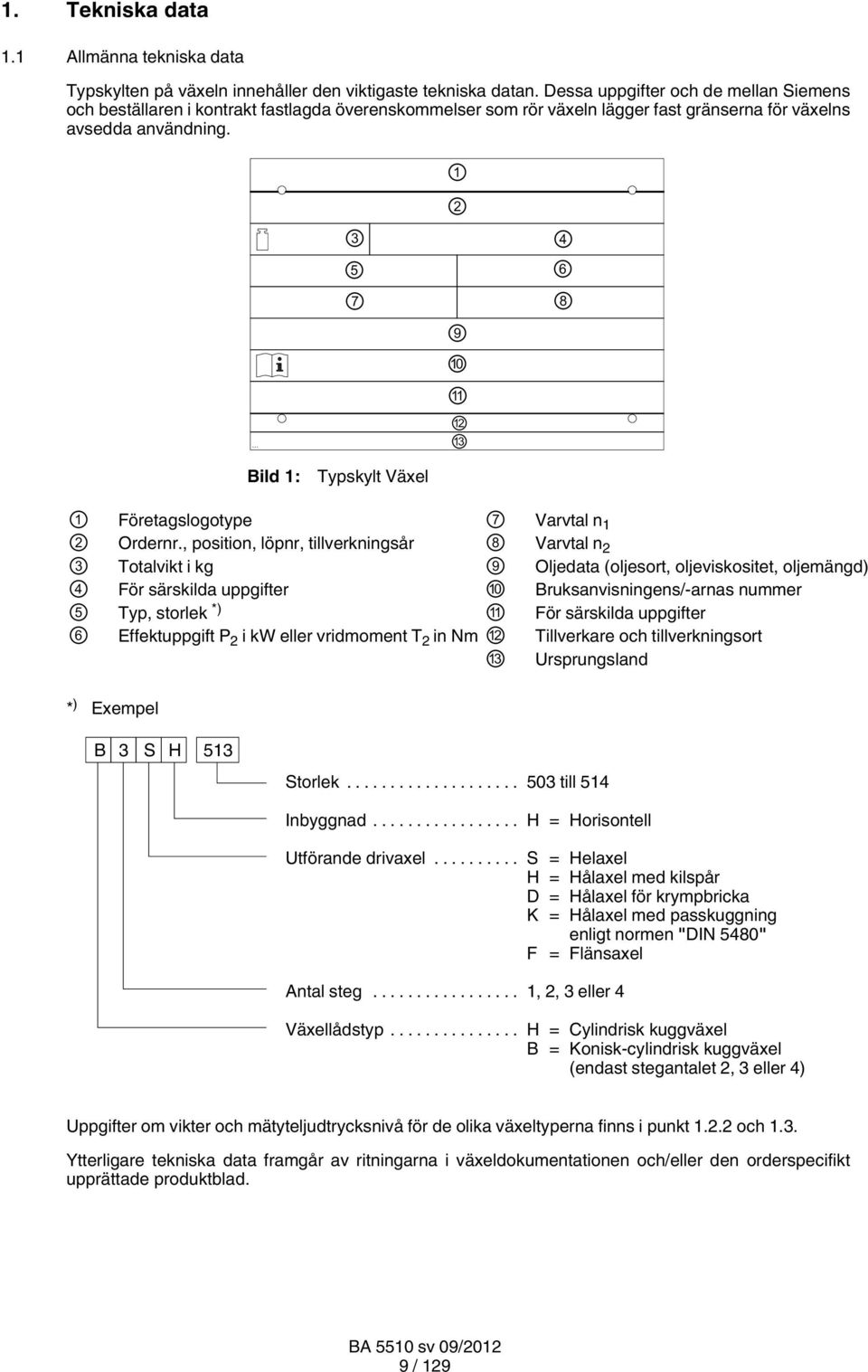 3 5 7 1 2 9 10 11 12 13 4 6 8 Bild 1: Typskylt Växel 1 Företagslogotype 2 Ordernr.