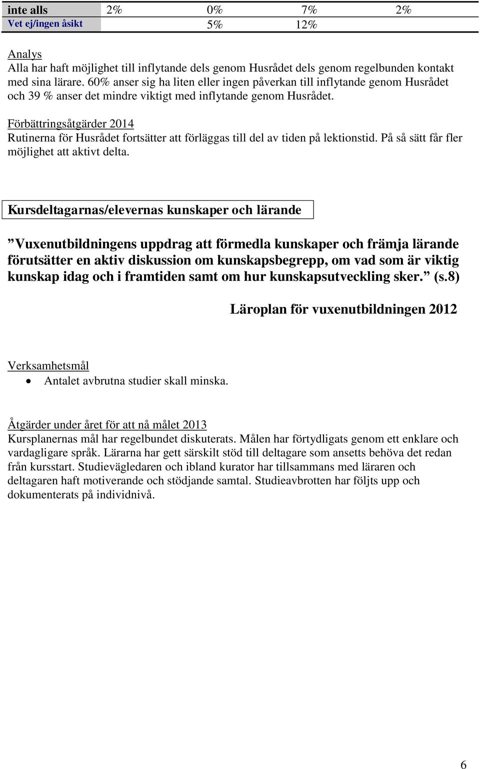 Förbättringsåtgärder 2014 Rutinerna för Husrådet fortsätter att förläggas till del av tiden på lektionstid. På så sätt får fler möjlighet att aktivt delta.