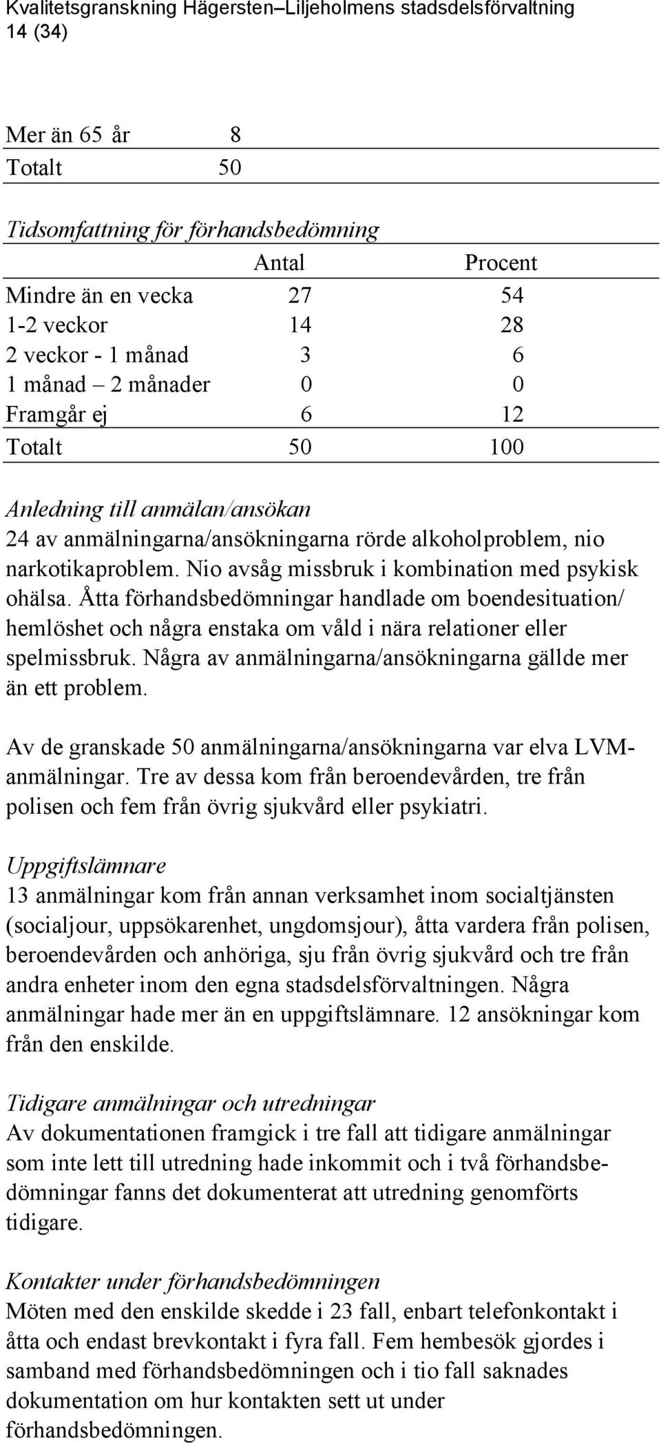 Åtta förhandsbedömningar handlade om boendesituation/ hemlöshet och några enstaka om våld i nära relationer eller spelmissbruk. Några av anmälningarna/ansökningarna gällde mer än ett problem.