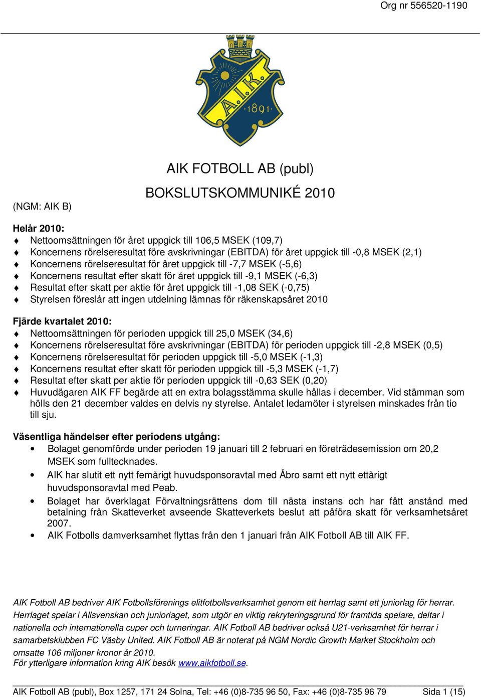 till -1,08 SEK (-0,75) Styrelsen föreslår att ingen utdelning lämnas för räkenskapsåret Fjärde kvartalet : Nettoomsättningen för perioden uppgick till 25,0 MSEK (34,6) Koncernens rörelseresultat före