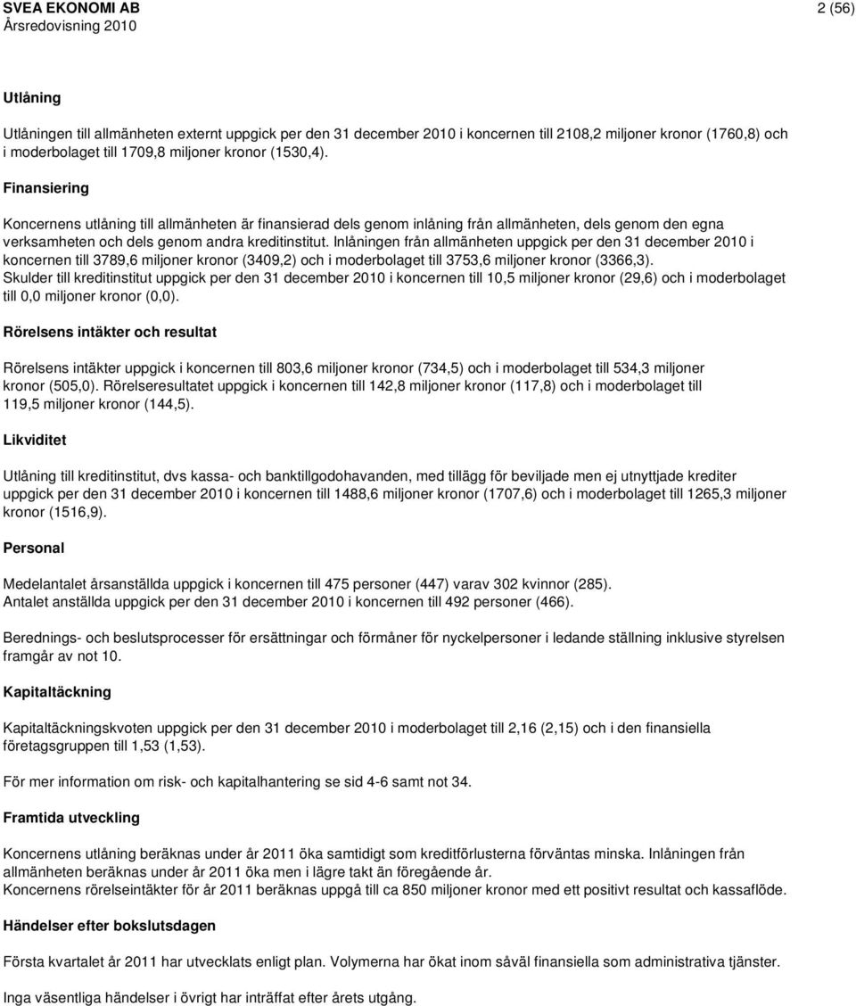 Inlåningen från allmänheten uppgick per den 31 december 2010 i koncernen till 3789,6 miljoner kronor (3409,2) och i moderbolaget till 3753,6 miljoner kronor (3366,3).