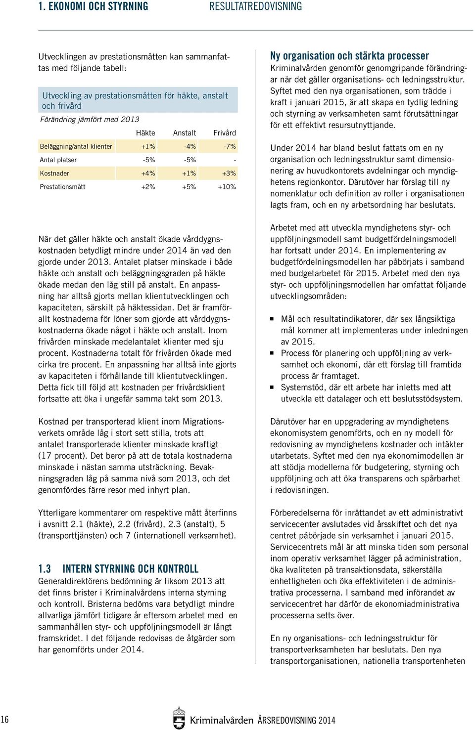vårddygnskostnaden betydligt mindre under 2014 än vad den gjorde under 2013. Antalet platser minskade i både häkte och anstalt och beläggningsgraden på häkte ökade medan den låg still på anstalt.