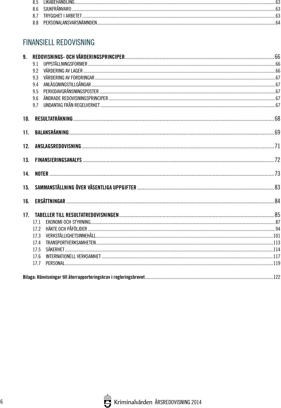 ..67 10. RESULTATRÄKNING...68 11. BALANSRÄKNING...69 12. ANSLAGSREDOVISNING...71 13. FINANSIERINGSANALYS...72 14. NOTER...73 15. SAMMANSTÄLLNING ÖVER VÄSENTLIGA UPPGIFTER...83 16. ERSÄTTNINGAR...84 17.