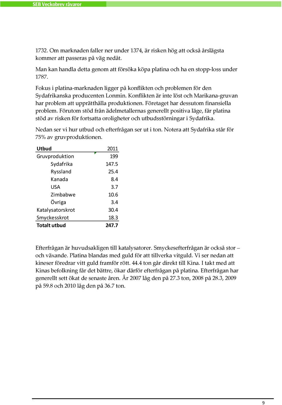 Företaget har dessutom finansiella problem. Förutom stöd från ädelmetallernas generellt positiva läge, får platina stöd av risken för fortsatta oroligheter och utbudsstörningar i Sydafrika.