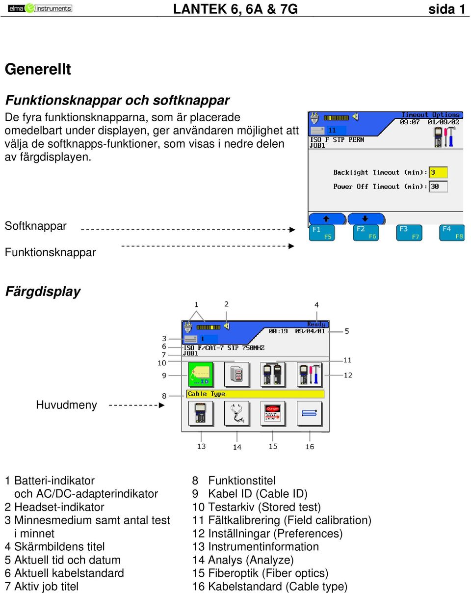 Softknappar Funktionsknappar Färgdisplay Huvudmeny 1 Batteri-indikator 8 Funktionstitel och AC/DC-adapterindikator 9 Kabel ID (Cable ID) 2 Headset-indikator 10 Testarkiv (Stored