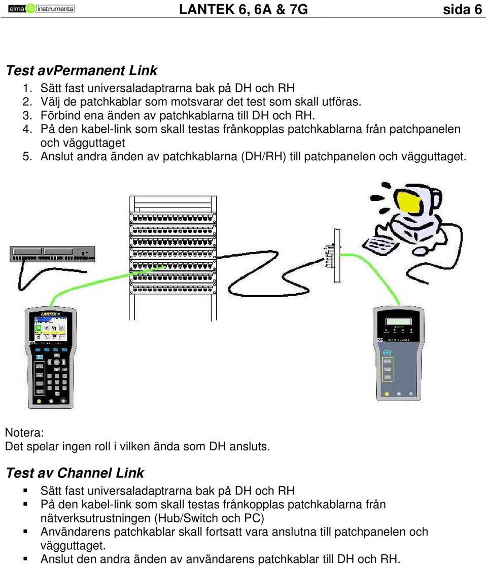 Anslut andra änden av patchkablarna (DH/RH) till patchpanelen och vägguttaget. Notera: Det spelar ingen roll i vilken ända som DH ansluts.