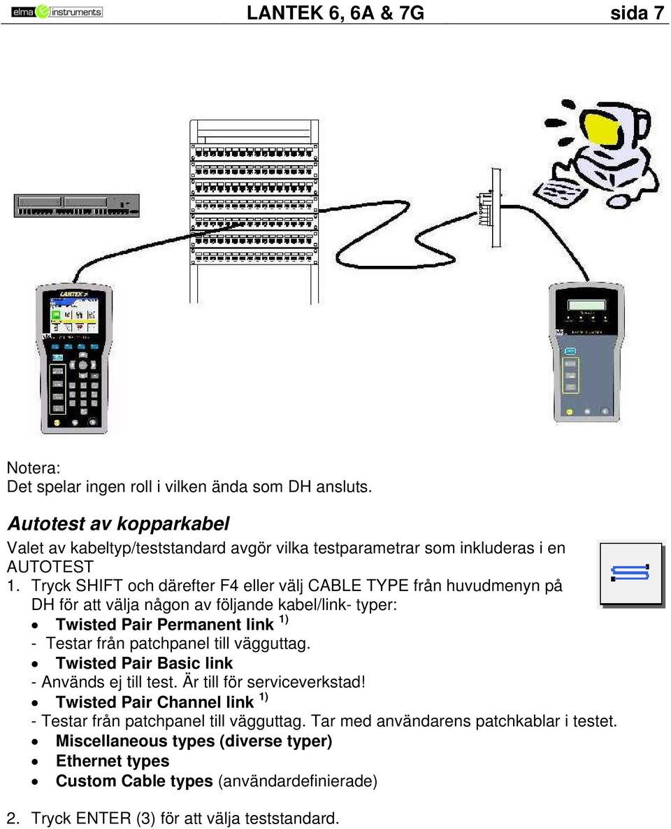 Tryck SHIFT och därefter F4 eller välj CABLE TYPE från huvudmenyn på DH för att välja någon av följande kabel/link- typer: Twisted Pair Permanent link 1) - Testar från patchpanel