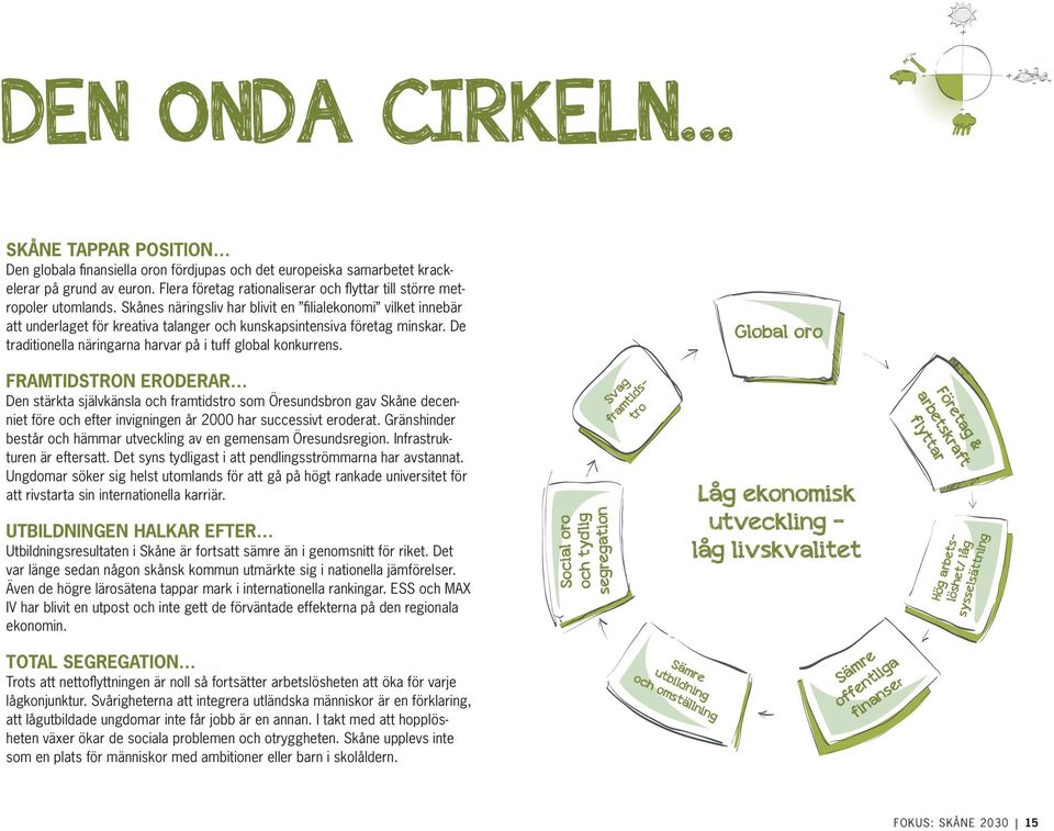 Skånes näringsliv har blivit en filialekonomi vilket innebär att underlaget för kreativa talanger och kunskapsintensiva företag minskar. De traditionella näringarna harvar på i tuff global konkurrens.