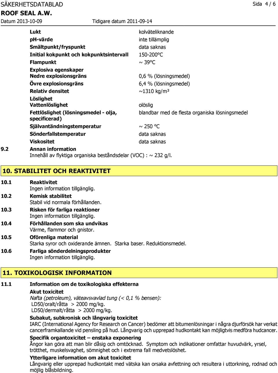 olöslig Självantändningstemperatur ~ 250 C Sönderfallstemperatur Viskositet blandbar med de flesta organiska lösningsmedel data saknas data saknas 9.