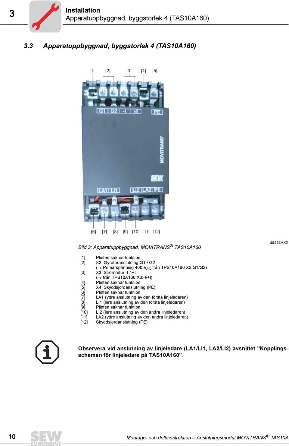 ( Primärspänning 400 V AC från TPS10A160 X2:G1/G2) [3] X3: Strömretur -I / +I ( från TPS10A160 X3:-I/+I) [4] Plinten saknar funktion [5] X4: Skyddsjordanslutning (PE) [6] Plinten saknar funktion [7]