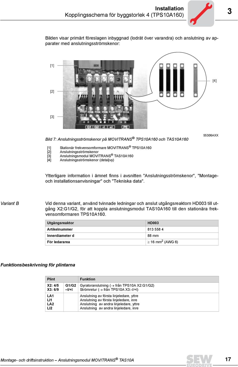 Anslutningsströmskenor (detaljvy) Ytterligare information i ämnet finns i avsnitten "Anslutningsströmskenor", "Montageoch installationsanvisningar" och "Tekniska data".