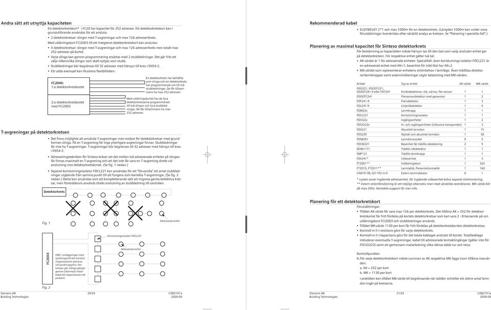 Med utökningskort FCI2003 till ett integrerat detektorkretskort kan anslutas: 4 detektorkretsar: slingor med T-avgreningar och max 126 adresser/krets men totalt max 252 adresser på kortet.