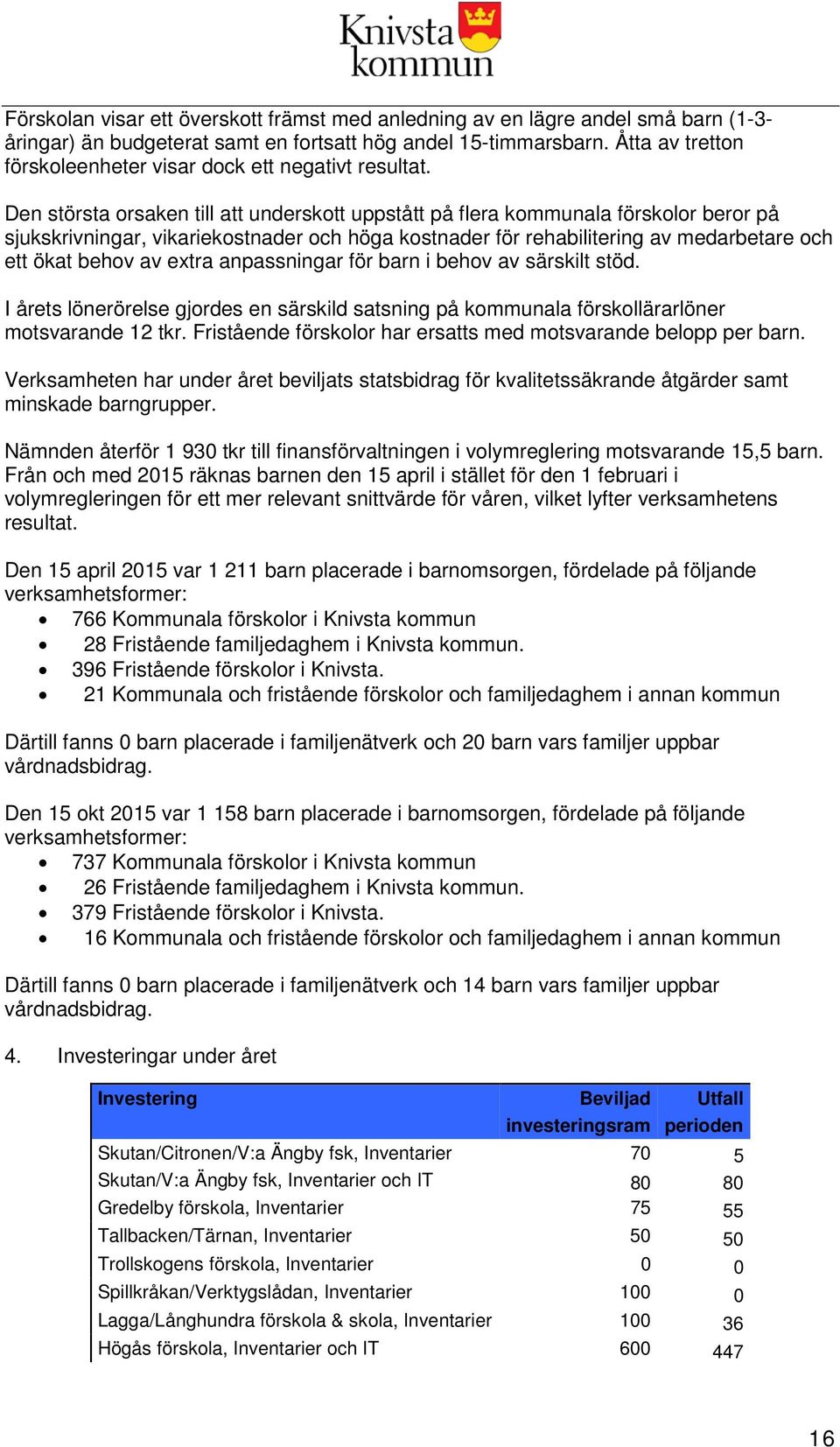 Den största orsaken till att underskott uppstått på flera kommunala förskolor beror på sjukskrivningar, vikariekostnader och höga kostnader för rehabilitering av medarbetare och ett ökat behov av