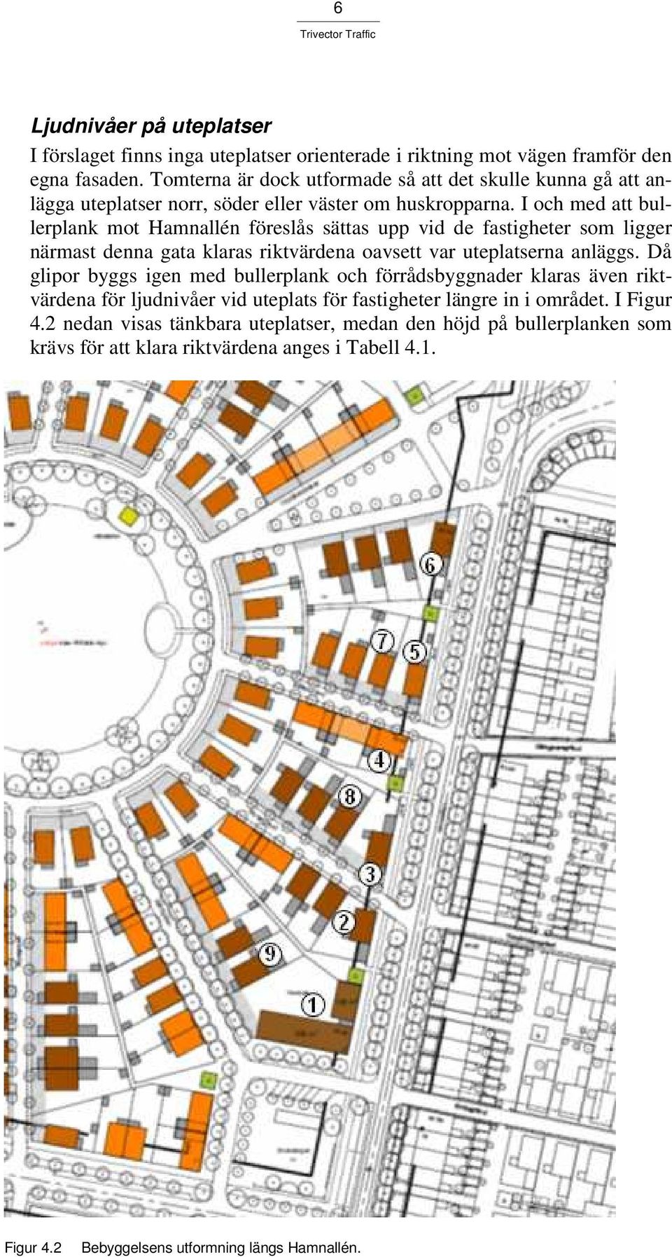 I och med att bullerplank mot Hamnallén föreslås sättas upp vid de fastigheter som ligger närmast denna gata klaras riktvärdena oavsett var uteplatserna anläggs.