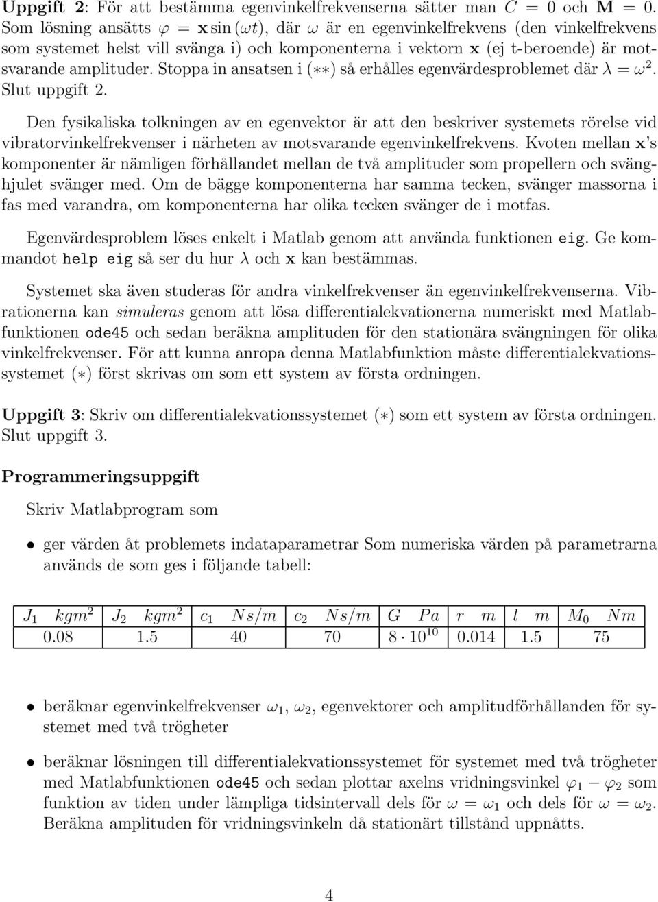 Stoppa in ansatsen i ( ) så erhålles egenvärdesproblemet där λ = ω 2. Slut uppgift 2.