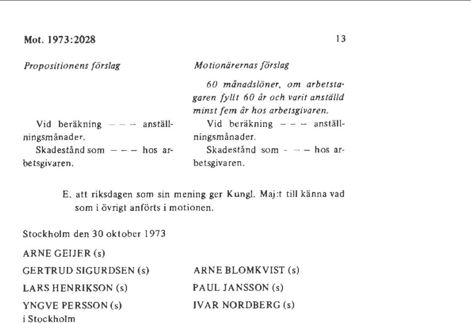 Vid beräkning - - - anställningsmånader. Skadestå nd som - - - hos arbetsgivaren. E. att riksdagen som sin mening ger Kungl.