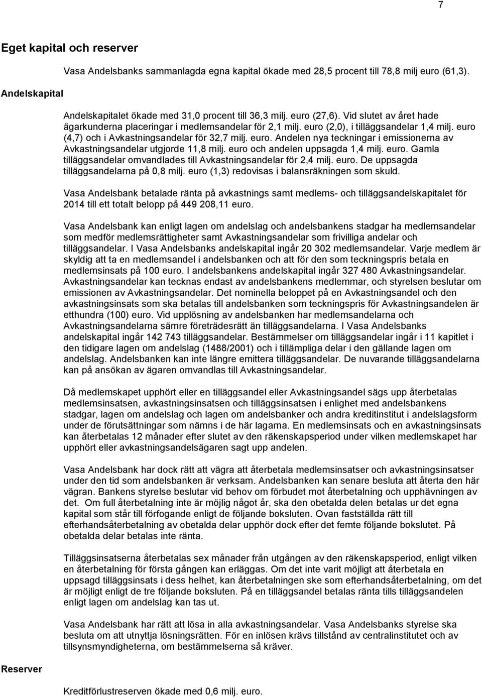 euro och andelen uppsagda 1,4 milj. euro. Gamla tilläggsandelar omvandlades till Avkastningsandelar för 2,4 milj. euro. De uppsagda tilläggsandelarna på 0,8 milj.