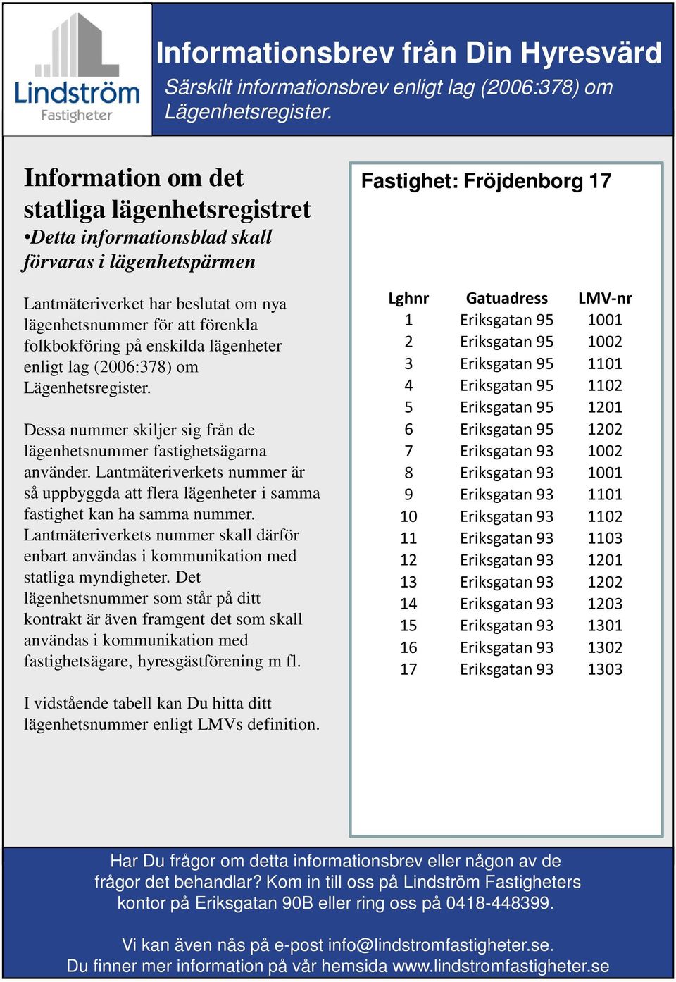 1001 9 Eriksgatan 93 1101 10 Eriksgatan 93 1102 11 Eriksgatan 93 1103 12 Eriksgatan 93 1201 13