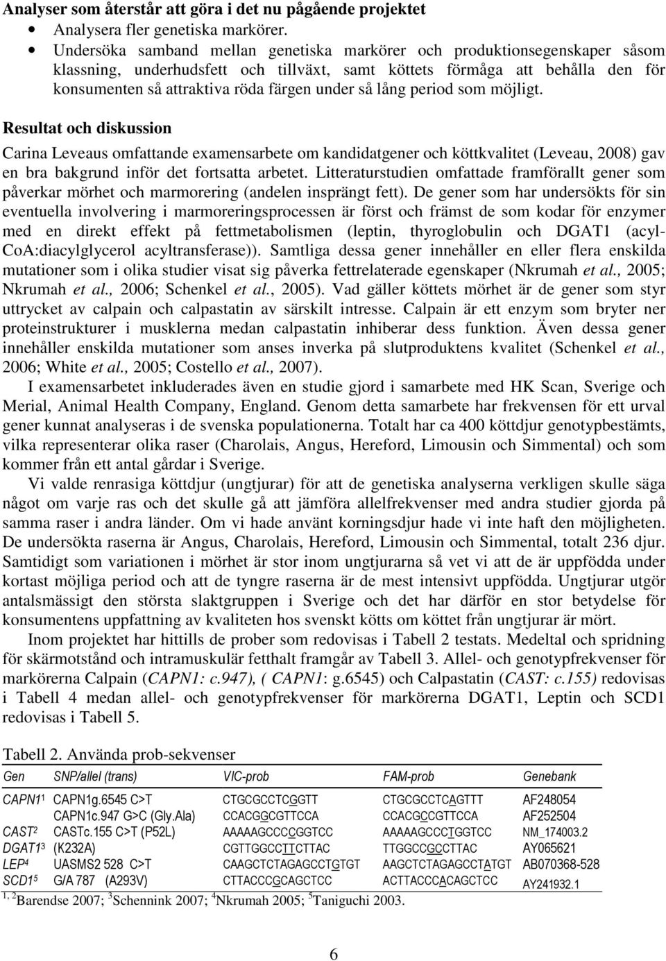 så lång period som möjligt. Resultat och diskussion Carina Leveaus omfattande examensarbete om kandidatgener och köttkvalitet (Leveau, 2008) gav en bra bakgrund inför det fortsatta arbetet.