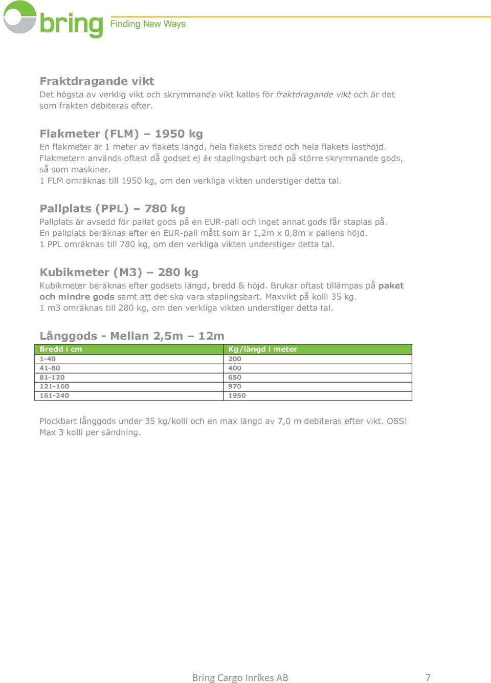 Flakmetern används oftast då godset ej är staplingsbart och på större skrymmande gods, så som maskiner. 1 FLM omräknas till 1950 kg, om den verkliga vikten understiger detta tal.