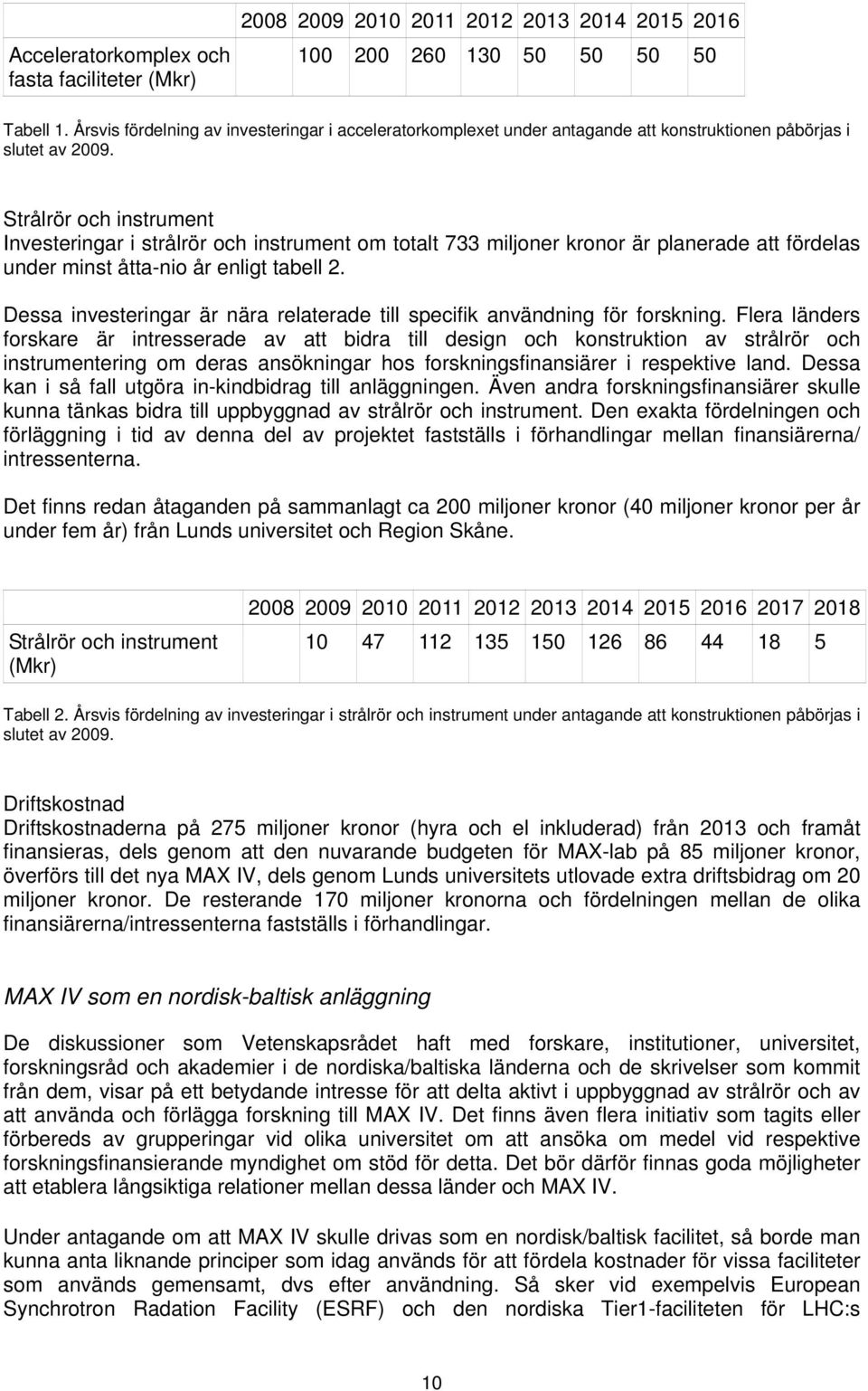 Strålrör och instrument Investeringar i strålrör och instrument om totalt 733 miljoner kronor är planerade att fördelas under minst åtta-nio år enligt tabell 2.