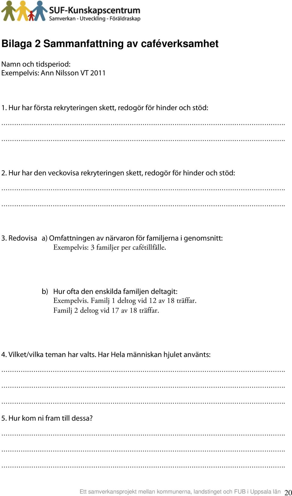 Redovisa a) Omfattningen av närvaron för familjerna i genomsnitt: Exempelvis: 3 familjer per cafétillfälle. b) Hur ofta den enskilda familjen deltagit: Exempelvis.