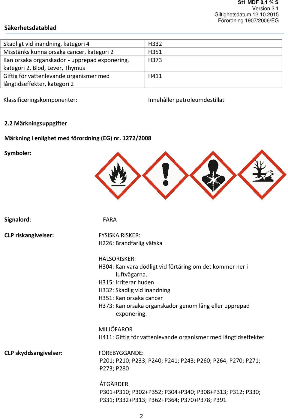 1272/2008 Symboler: Signalord: CLP riskangivelser: FARA Fara FYSISKA RISKER: H226: Brandfarlig vätska HÄLSORISKER: H304: Kan vara dödligt vid förtäring om det kommer ner i luftvägarna.