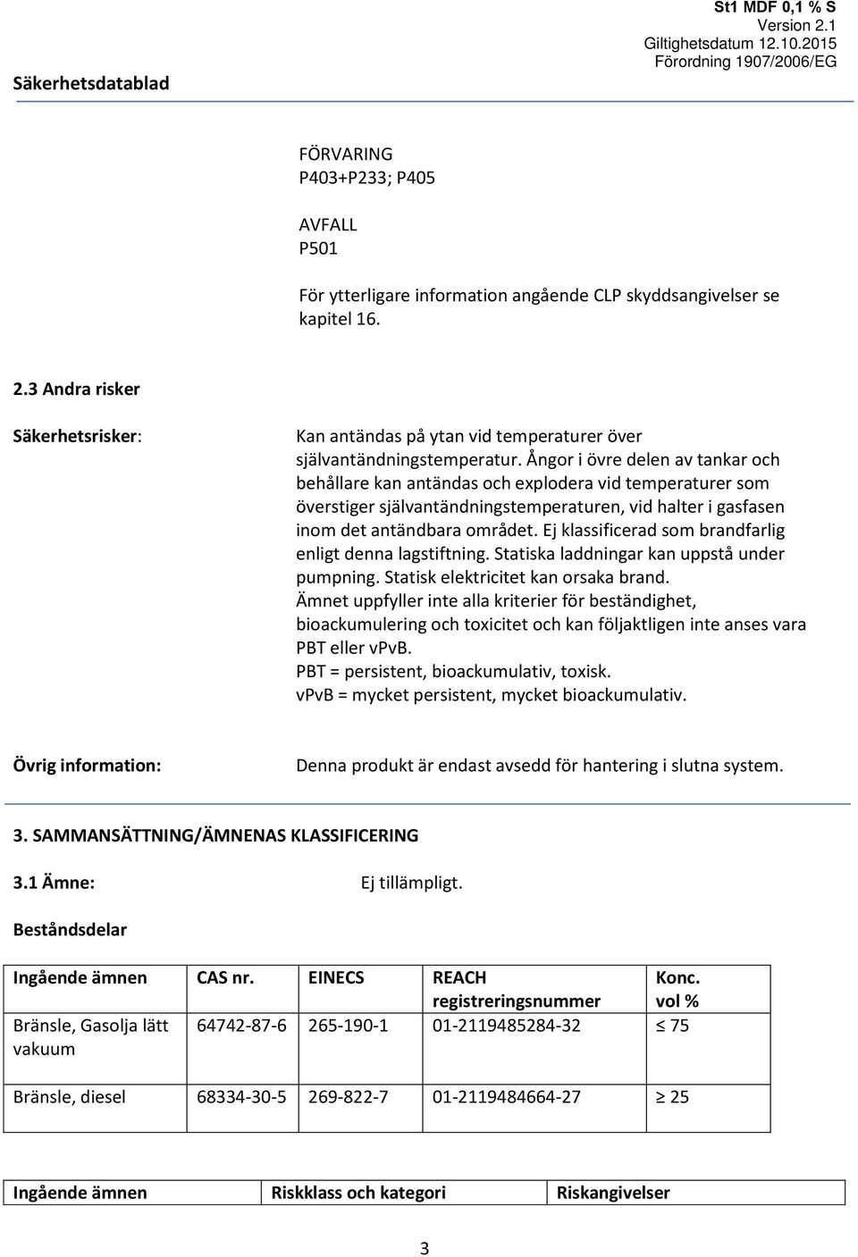 Ångor i övre delen av tankar och behållare kan antändas och explodera vid temperaturer som överstiger självantändningstemperaturen, vid halter i gasfasen inom det antändbara området.