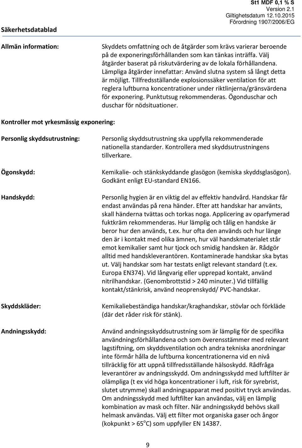 Tillfredsställande explosionssäker ventilation för att reglera luftburna koncentrationer under riktlinjerna/gränsvärdena för exponering. Punktutsug rekommenderas.